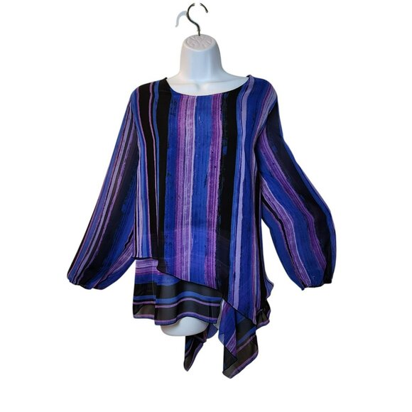 Susan Graver Blouse L Purple Black Striped Long Sleeve Asymmetrical Hem Preowned - Picture 9 of 9